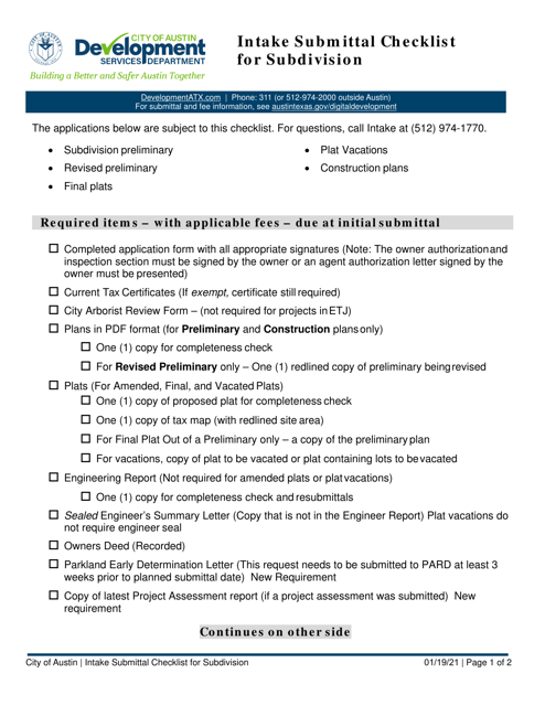 Intake Submittal Checklist for Subdivision - City of Austin, Texas Download Pdf
