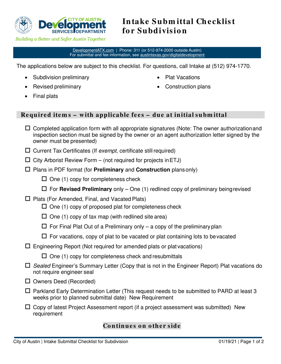 Intake Submittal Checklist for Subdivision - City of Austin, Texas, Page 1