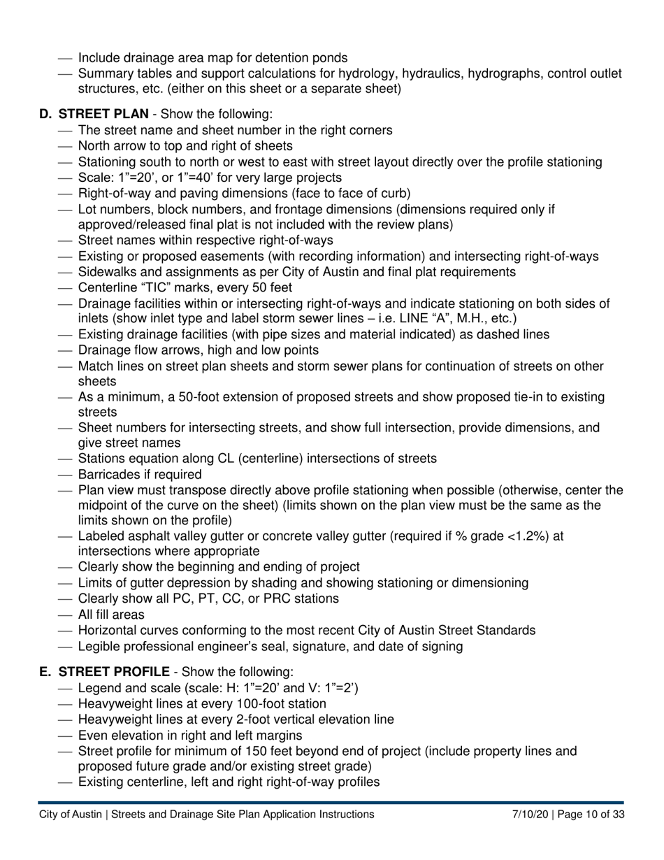 Instructions for Streets and Drainage Site Plan Application - City of Austin, Texas, Page 10