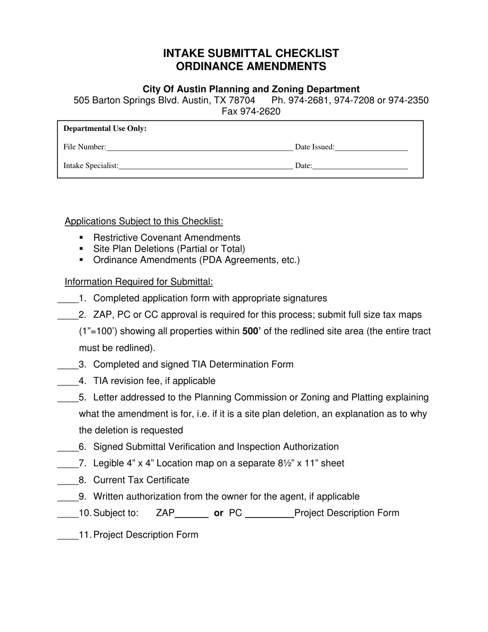 Ordinance Amendments Intake Submittal Checklist - City of Austin, Texas, Page 1