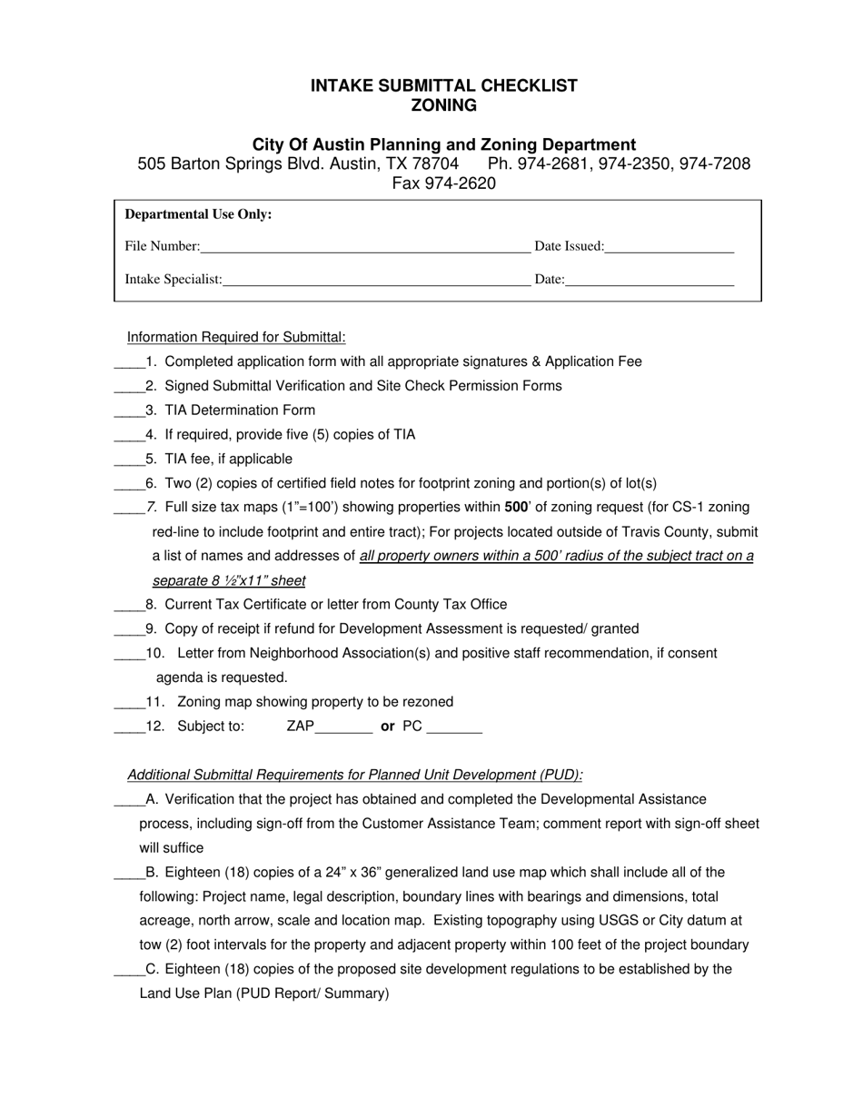 City of Austin, Texas Zoning Intake Submittal Checklist Fill Out