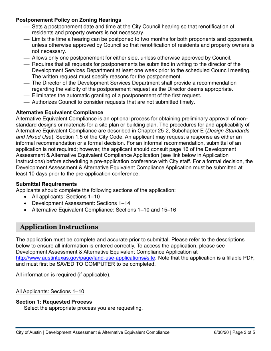 Instructions for Development Assessment  Alternative Equivalent Compliance Application - City of Austin, Texas, Page 3