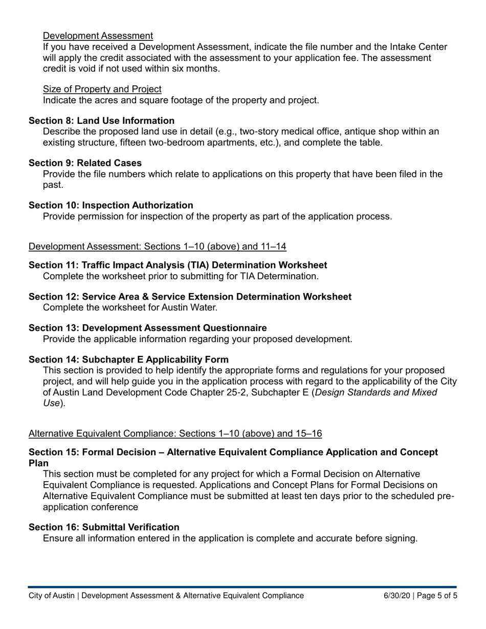 Instructions for Development Assessment  Alternative Equivalent Compliance Application - City of Austin, Texas, Page 5