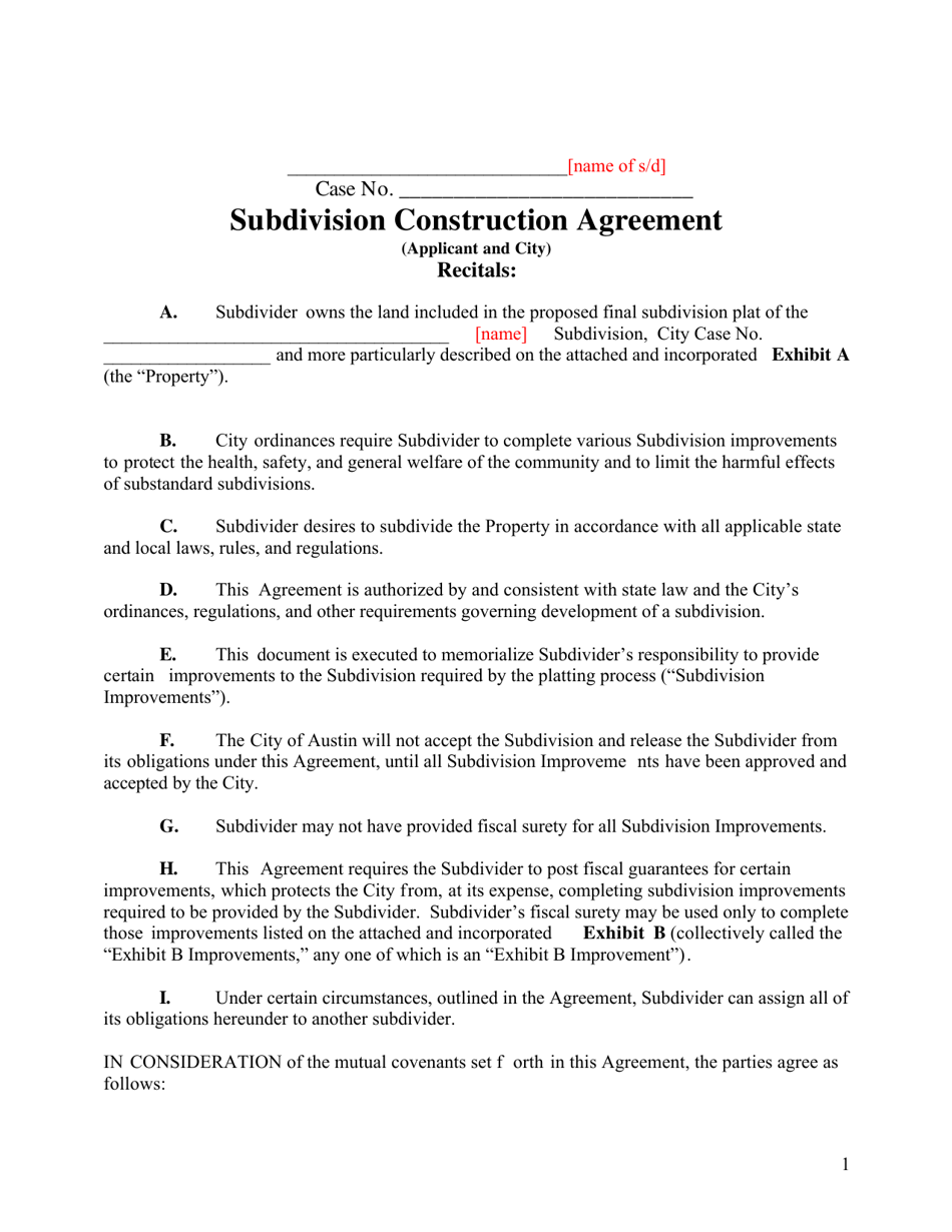 Subdivision Construction Agreement (Applicant and City) - City of Austin, Texas, Page 1