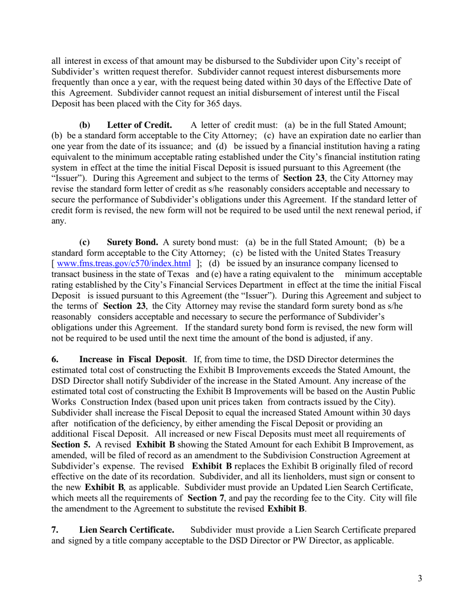 Subdivision Construction Agreement (Applicant and City) - City of Austin, Texas, Page 3