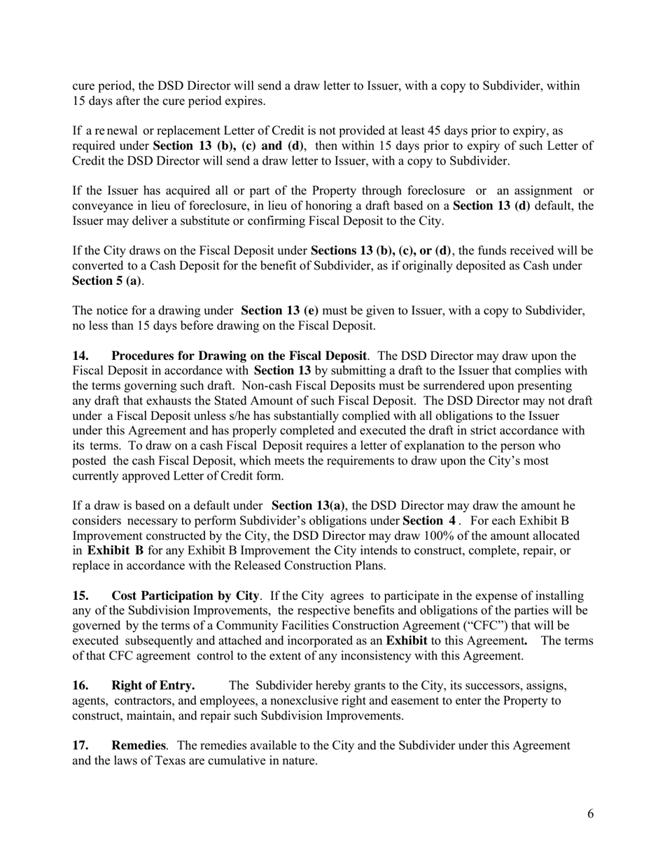 Subdivision Construction Agreement (Applicant and City) - City of Austin, Texas, Page 6