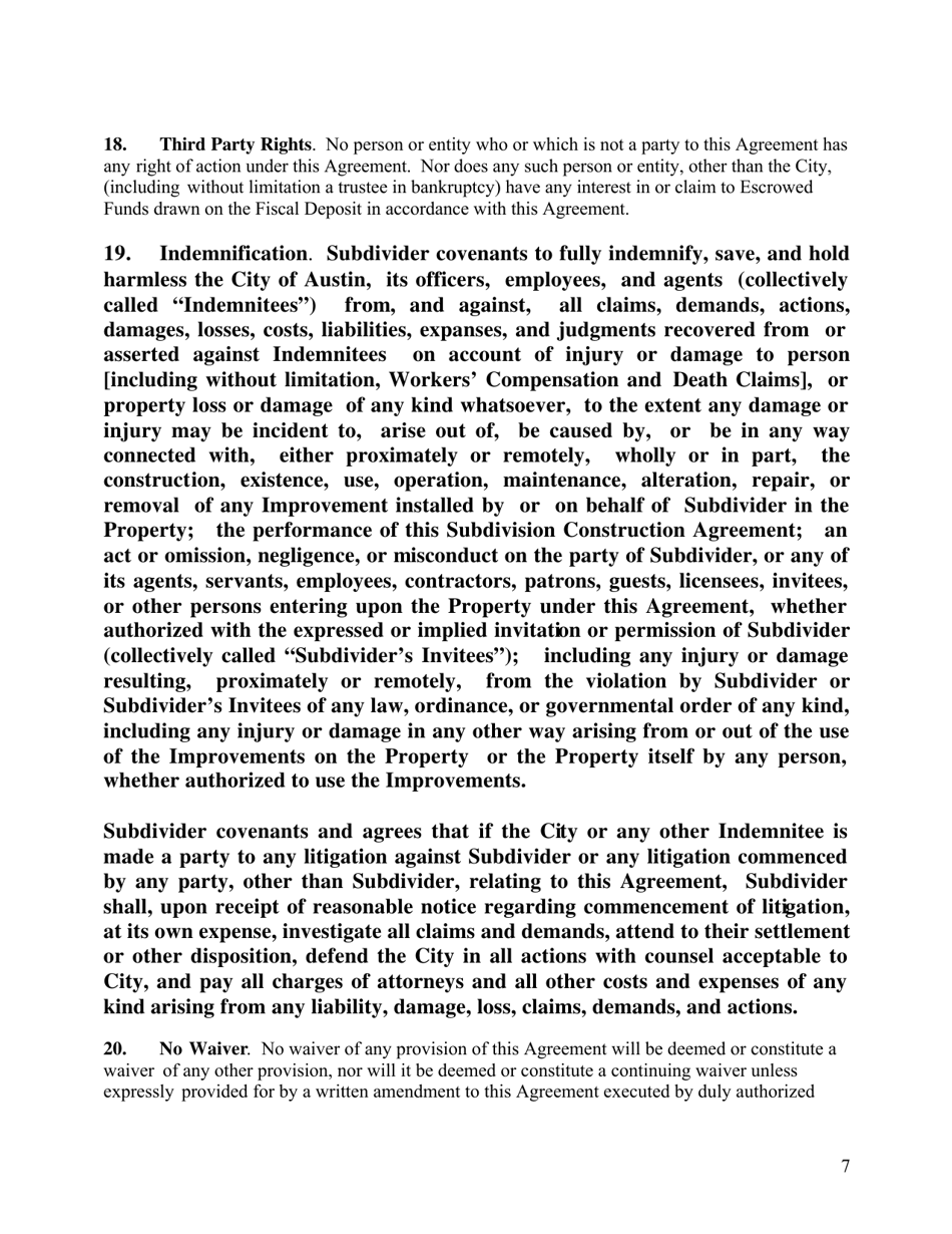 Subdivision Construction Agreement (Applicant and City) - City of Austin, Texas, Page 7
