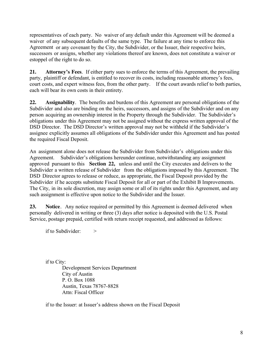 Subdivision Construction Agreement (Applicant and City) - City of Austin, Texas, Page 8