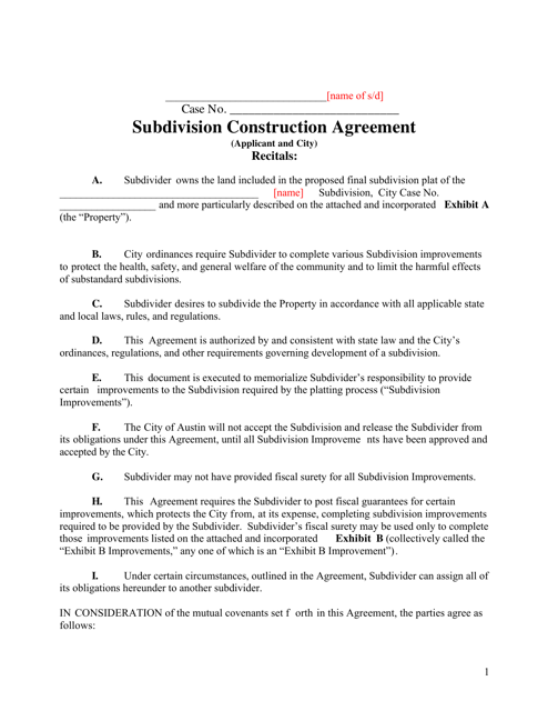 Subdivision Construction Agreement (Applicant and City) - City of Austin, Texas Download Pdf