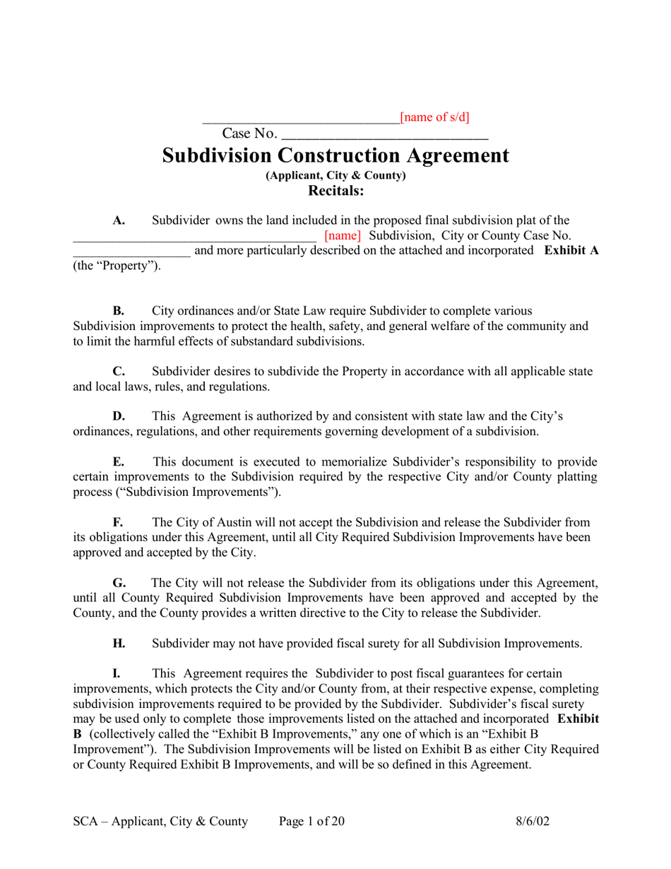Subdivision Construction Agreement (Applicant, City, and County) - City of Austin, Texas, Page 1
