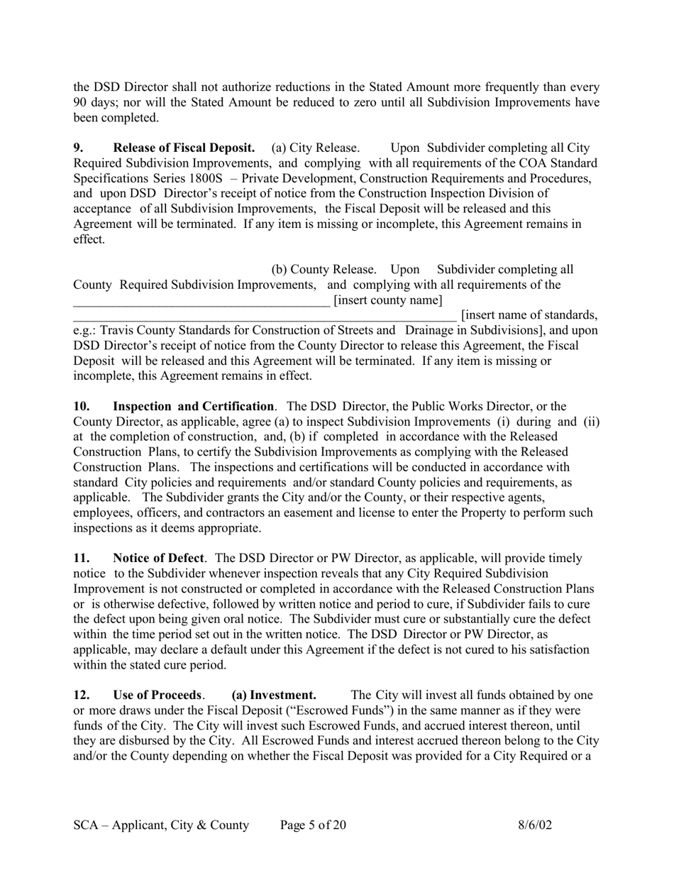 Subdivision Construction Agreement (Applicant, City, and County) - City of Austin, Texas, Page 5