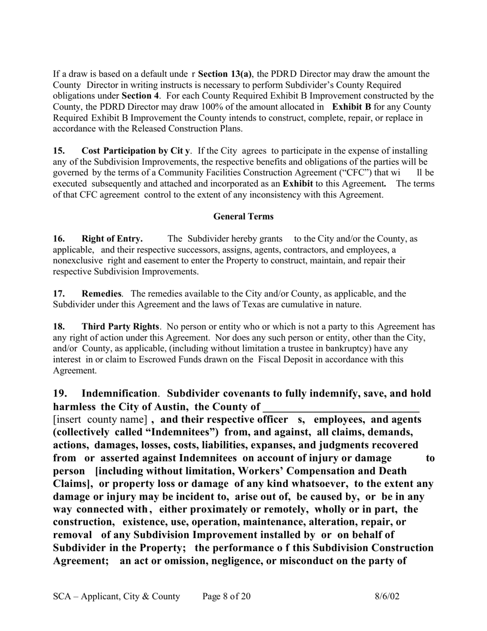 Subdivision Construction Agreement (Applicant, City, and County) - City of Austin, Texas, Page 8