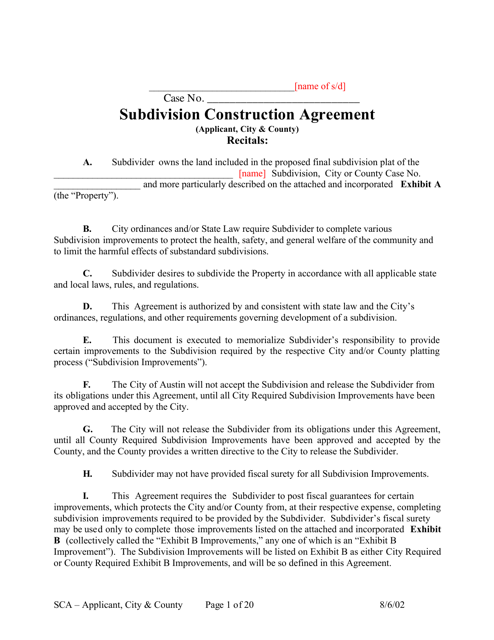 Subdivision Construction Agreement (Applicant, City, and County) - City of Austin, Texas Download Pdf