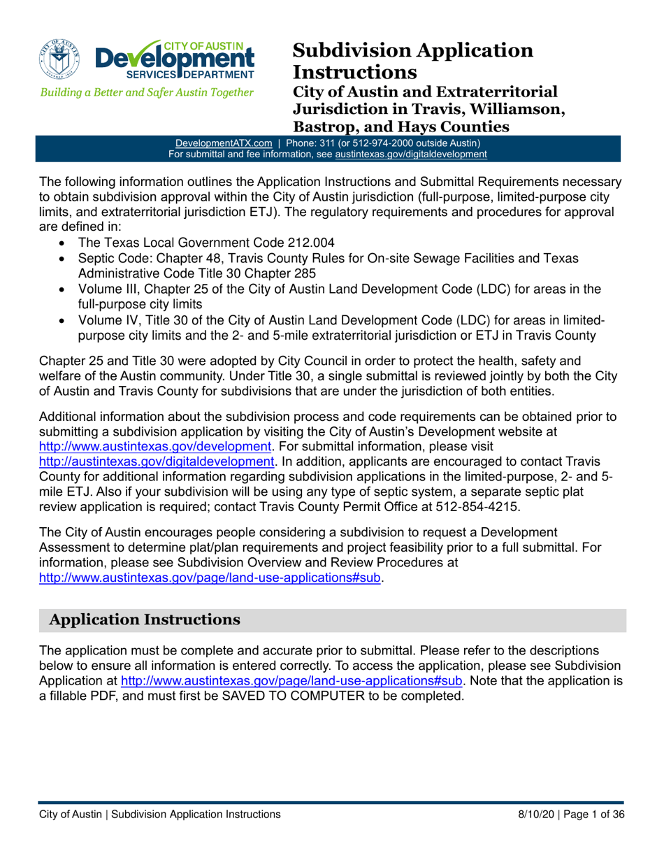 Instructions for Subdivision Application (Combined City of Austin and Travis County) - City of Austin, Texas, Page 1