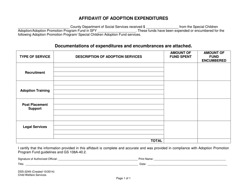 Form DSS-2249 Affidavit of Adoption Expenditures - North Carolina
