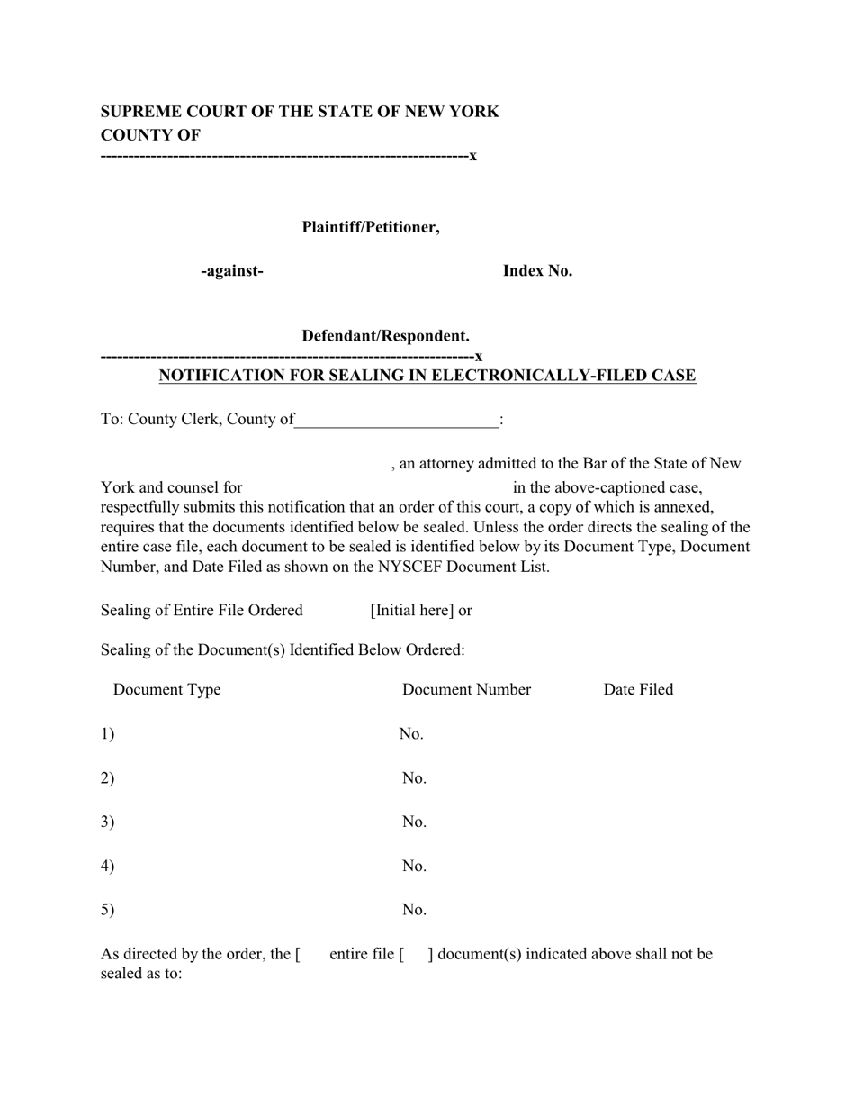 Form EF-7 Notification for Sealing in Electronically-Filed Case - New York, Page 1