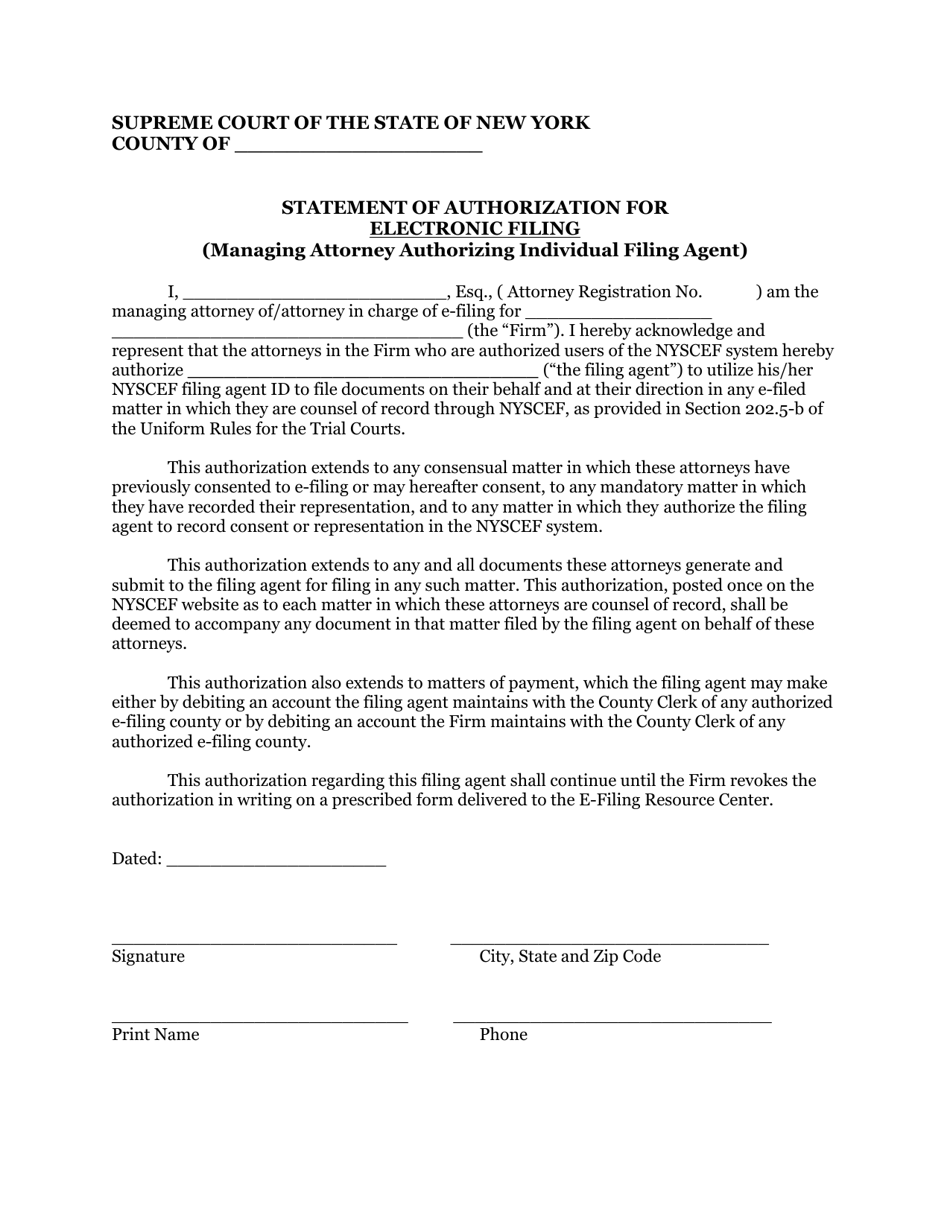 Form EF-13 Statement of Authorization for Electronic Filing (Managing Attorney Authorizing Individual Filing Agent) - New York, Page 1