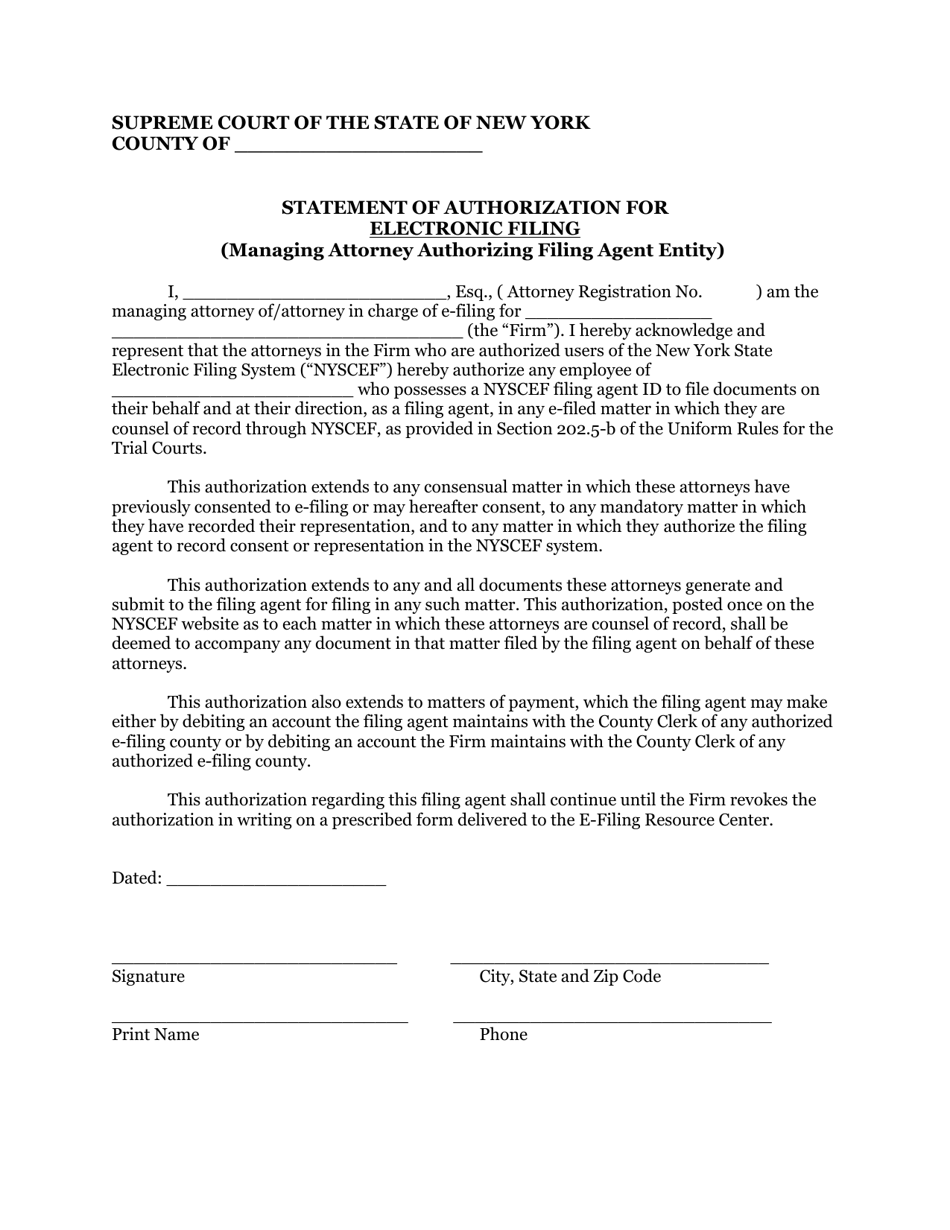 Form EF-15 Statement of Authorization for Electronic Filing (Managing Attorney Authorizing Filing Agent Entity) - New York, Page 1