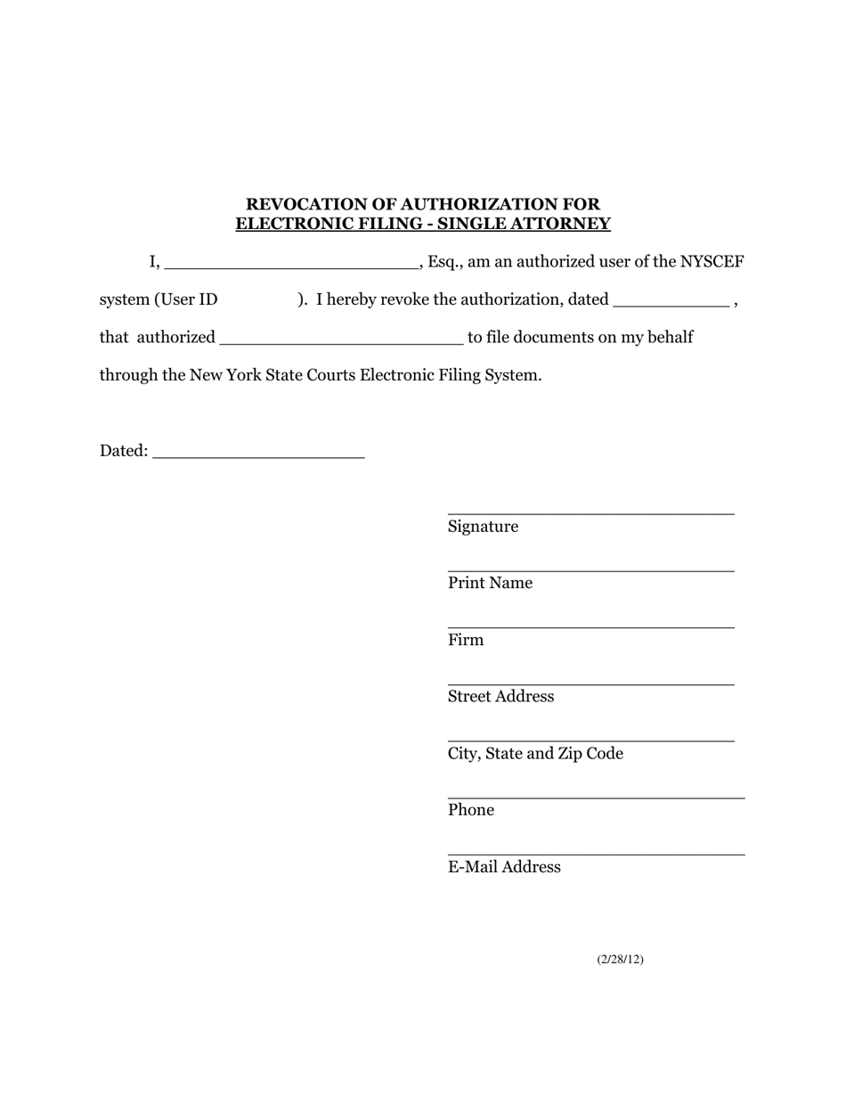 Form EF-16 Revocation of Authorization for Electronic Filing - Single Attorney - New York, Page 1