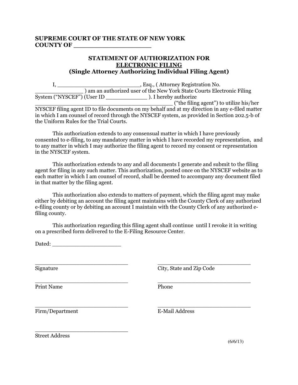 Form EF-12 Statement of Authorization for Electronic Filing (Single Attorney Authorizing Individual Filing Agent) - New York, Page 1
