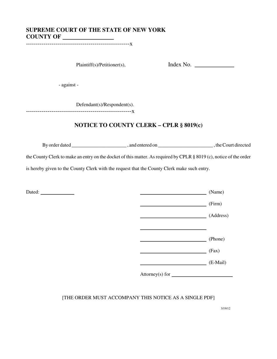 Form EF-22 Notice to County Clerk - Cplr 8019(C) - New York, Page 1