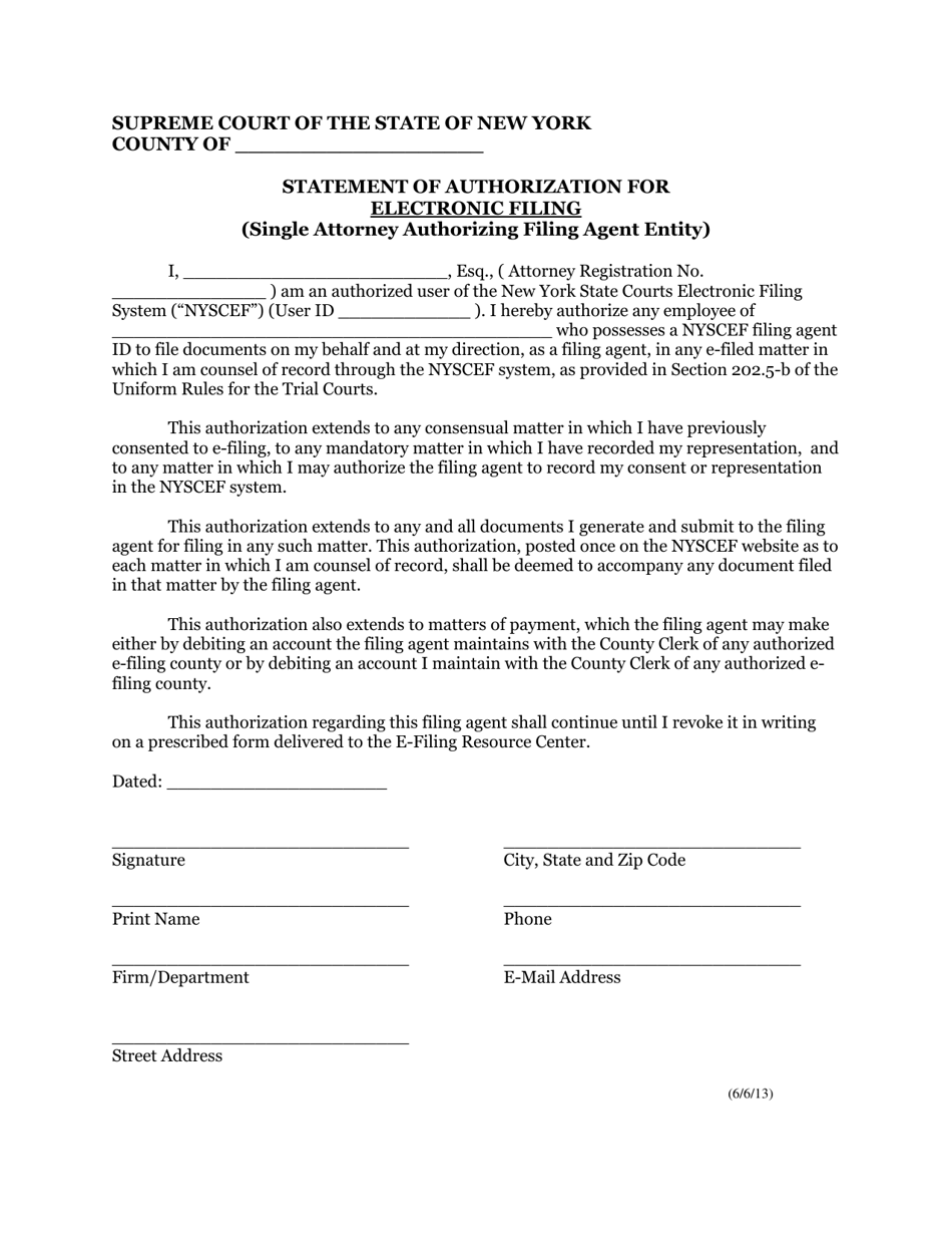 Form EF-14 Statement of Authorization for Electronic Filing (Single Attorney Authorizing Filing Agent Entity) - New York, Page 1