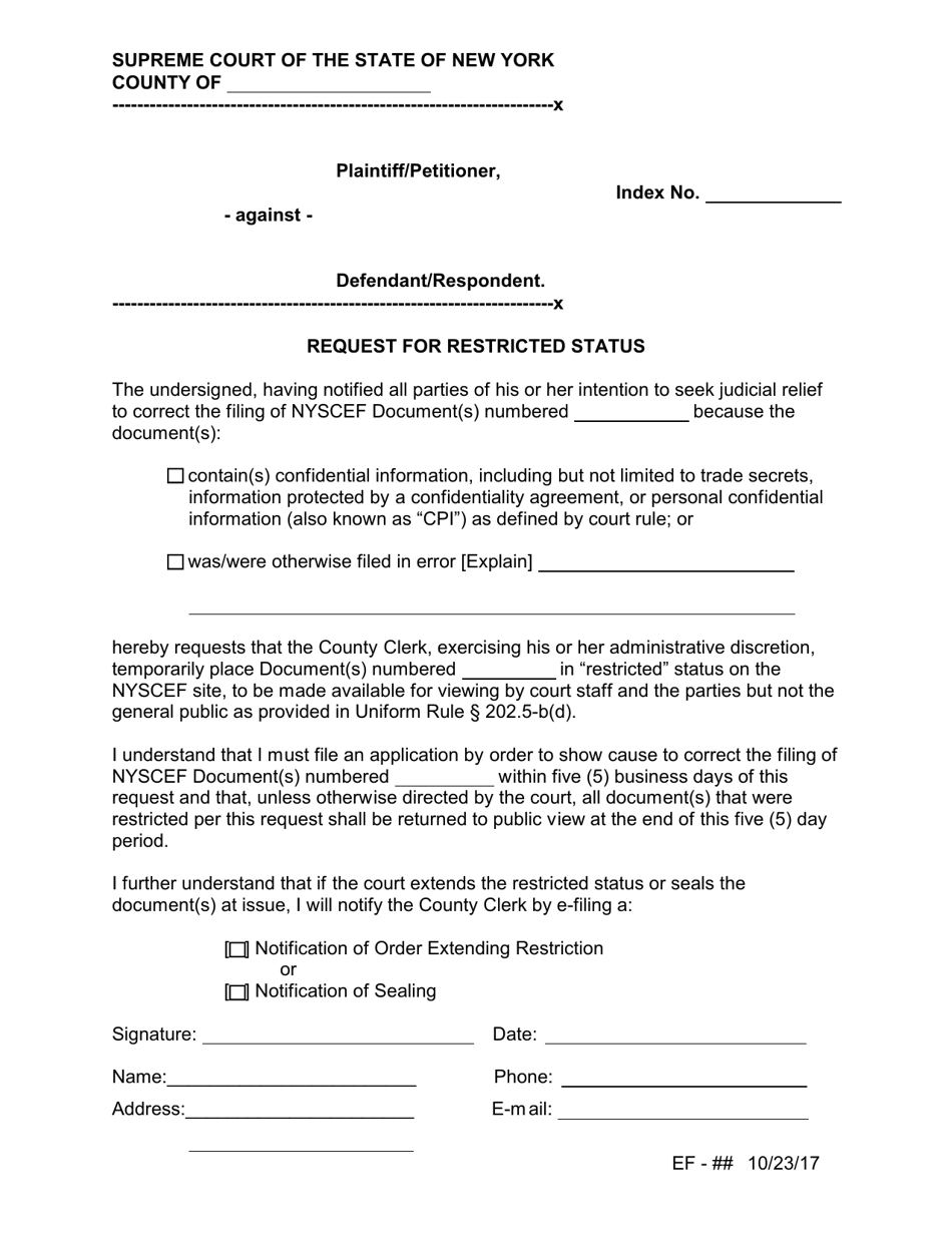 Form EF-25 Request for Restricted Status - New York, Page 1