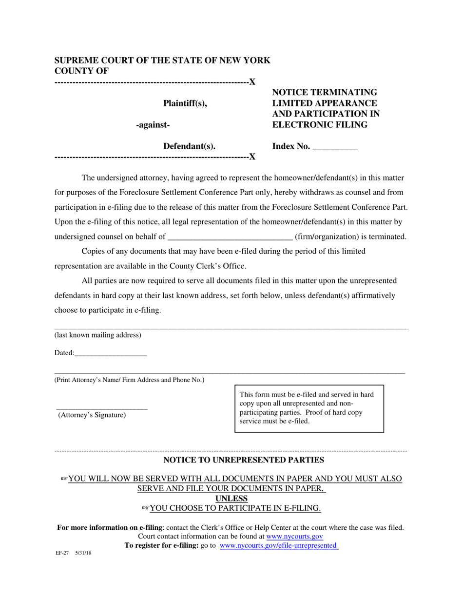 Form EF-27 Notice Terminating Limited Appearance and Participation in Electronic Filing - New York, Page 1