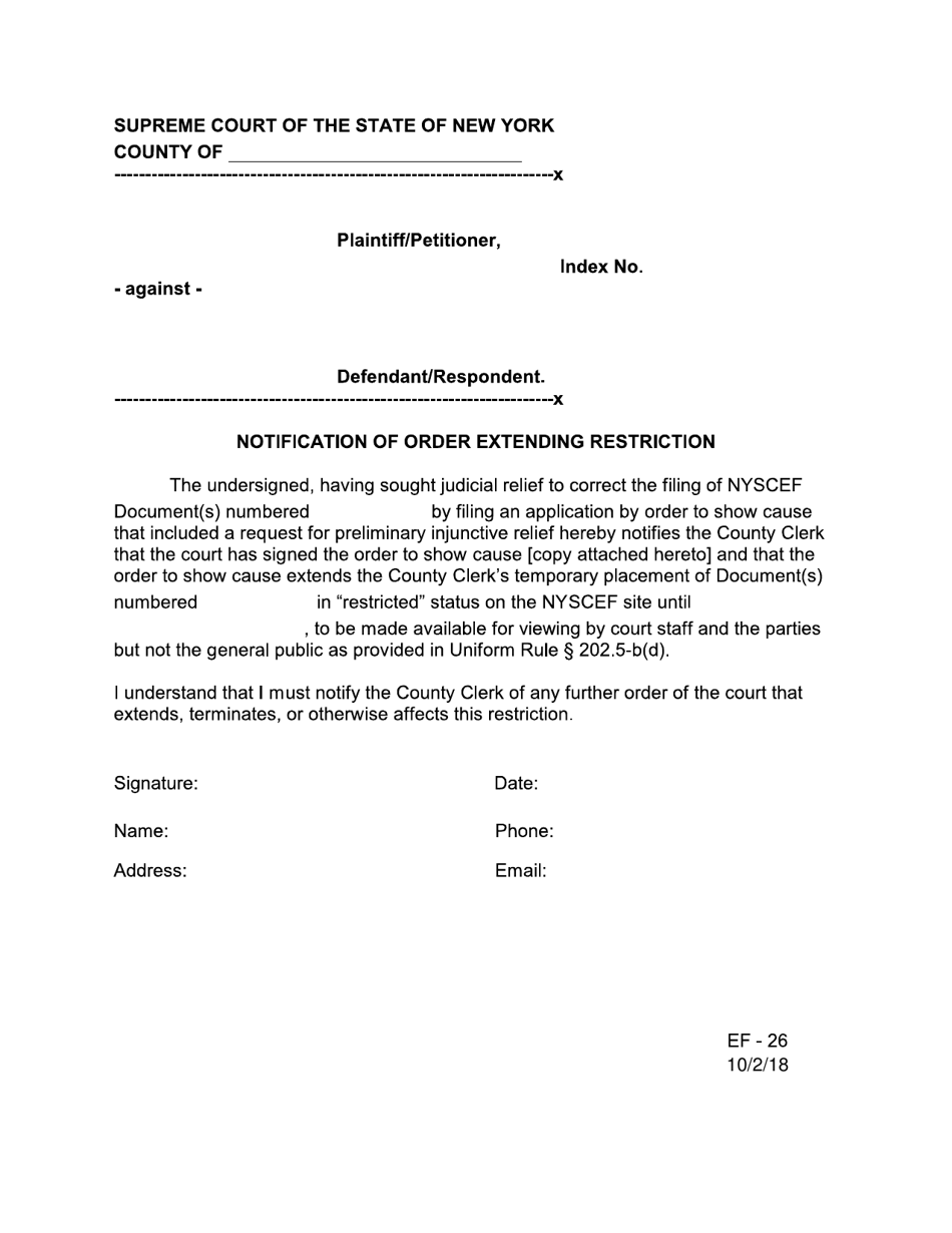 Form EF-26 Notification of Order Extending Restriction - New York, Page 1