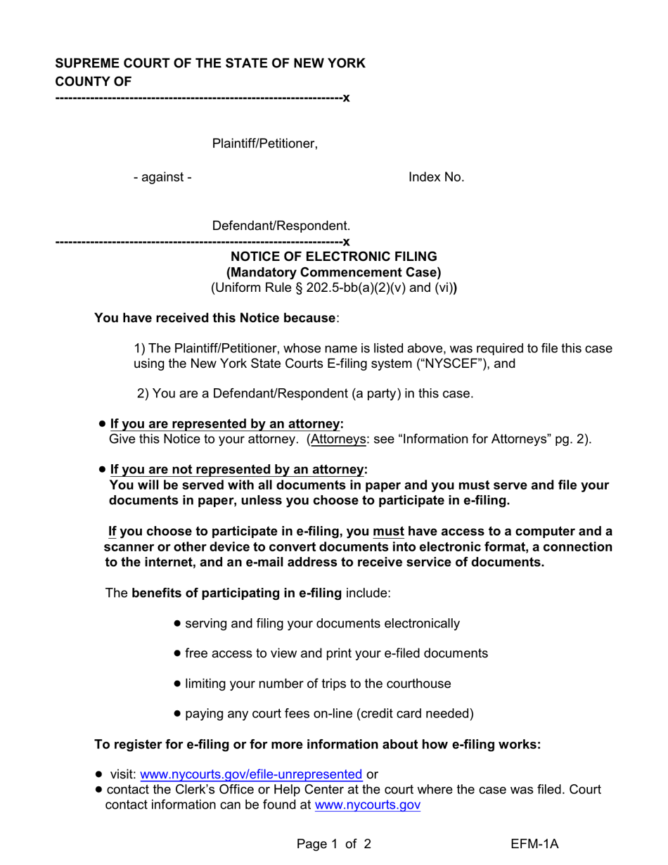 Form EFM-1A Notice of Electronic Filing (Mandatory Commencement Case) - New York, Page 1