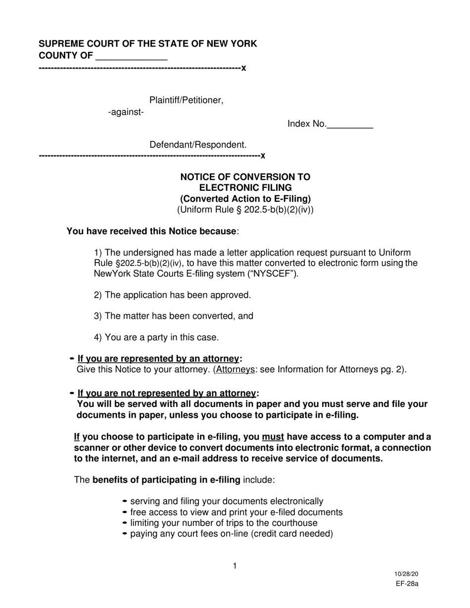 Form EF-28A Notice of Conversion to Electronic Filing - New York, Page 1