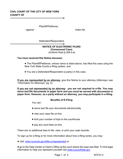 Form EFCIV-3 Notice of Electronic Filing (Consensual Case) - New York City