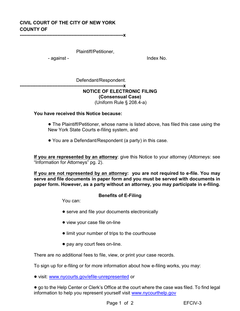 Form EFCIV-3 Notice of Electronic Filing (Consensual Case) - New York City, Page 1