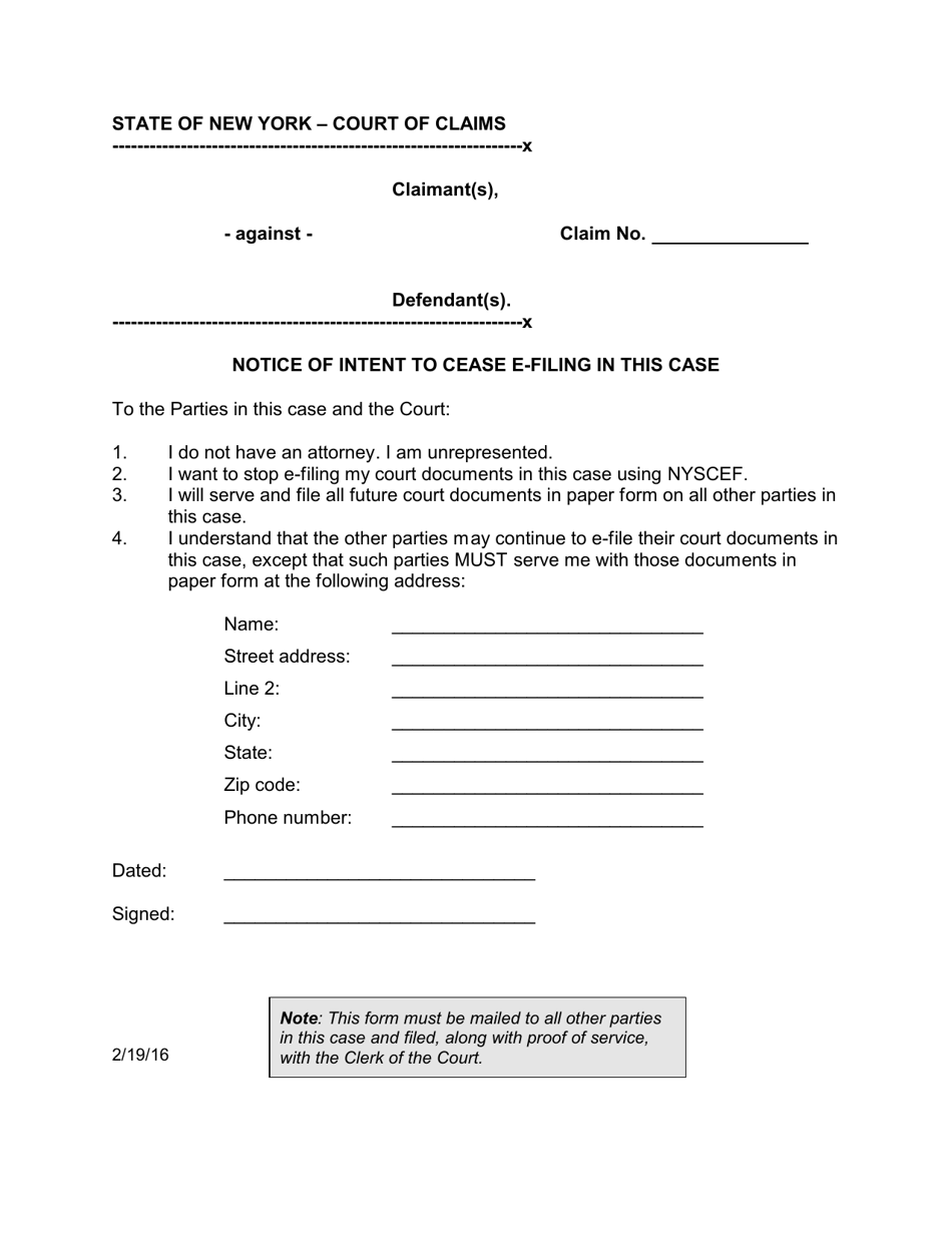 Form CC-6 Notice of Intent to Cease E-Filing in This Case - New York, Page 1