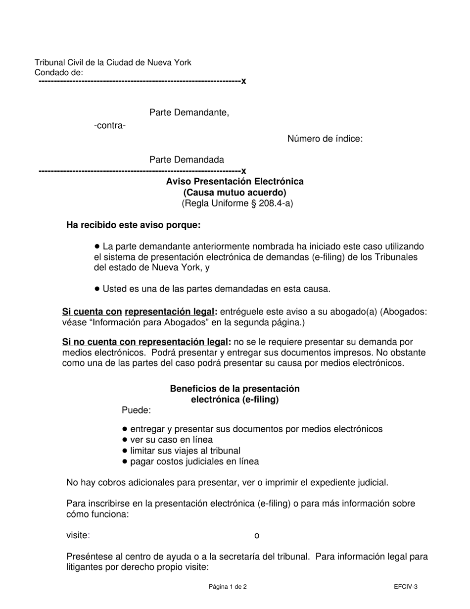 Formulario EFCIV-3 Aviso Presentacion Electronica (Causa Mutuo Acuerdo) - New York City (Spanish), Page 1