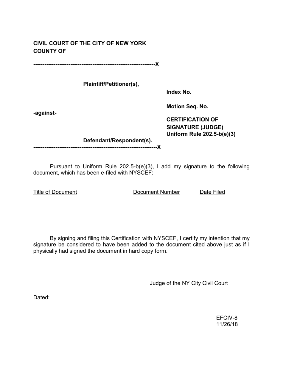 Form EFCIV-8 Certification of Signature (Judge) - New York City, Page 1