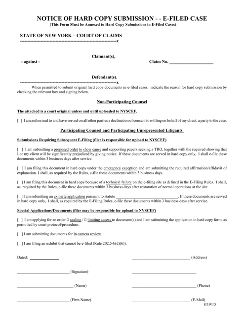 Form CC-4 Notice of Hard Copy Submission - E-Filed Case - New York
