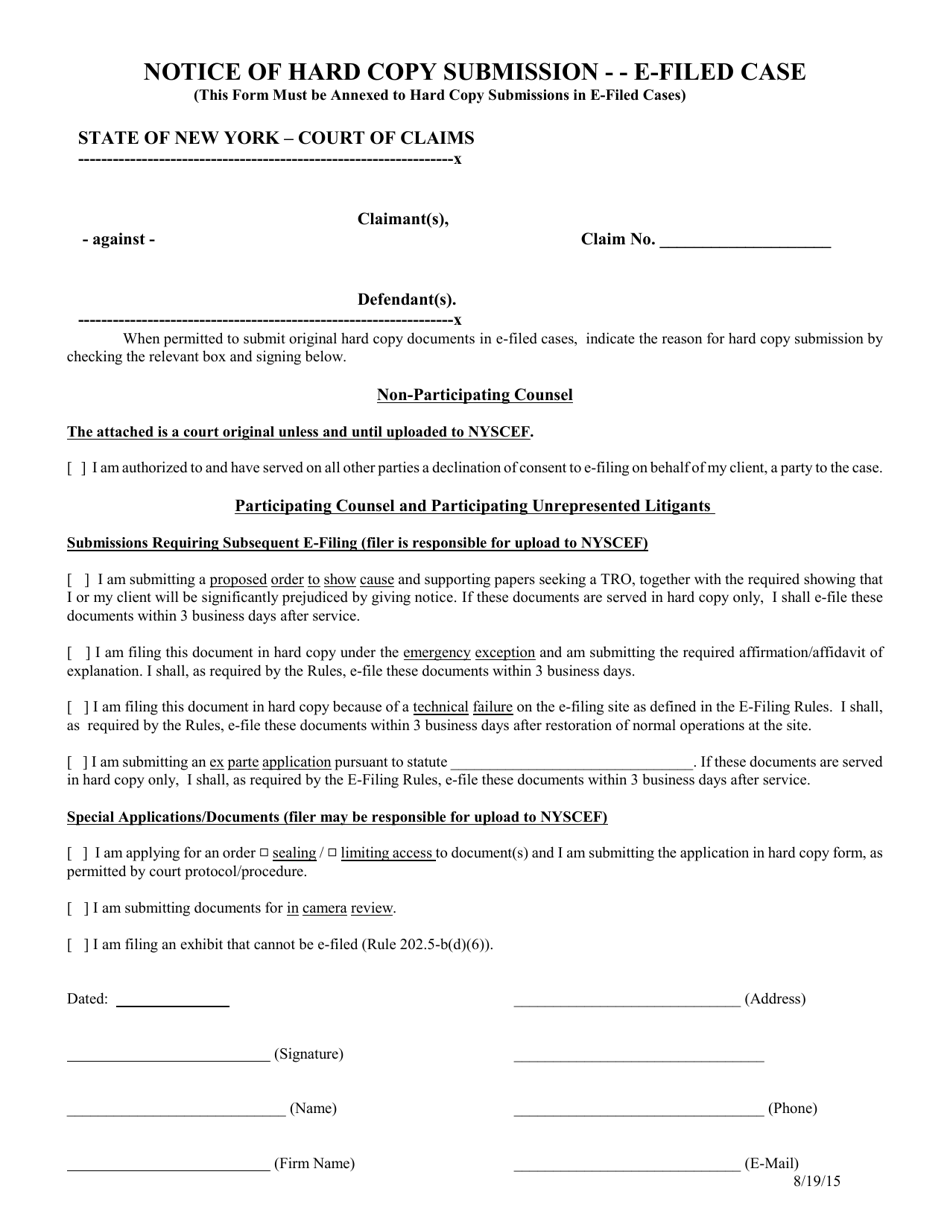 Form CC-4 Notice of Hard Copy Submission - E-Filed Case - New York, Page 1