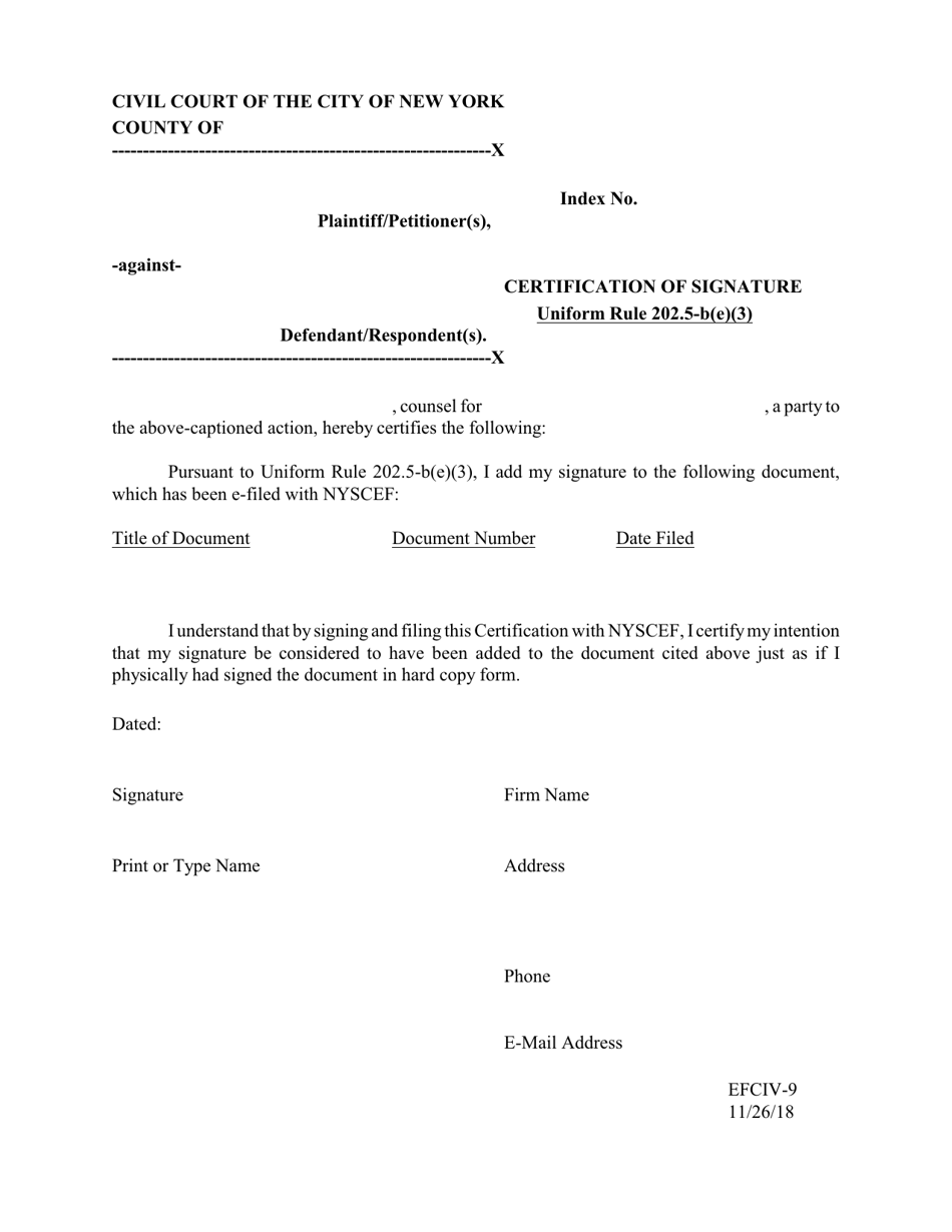 Form EFCIV-9 Certification of Signature - New York City, Page 1