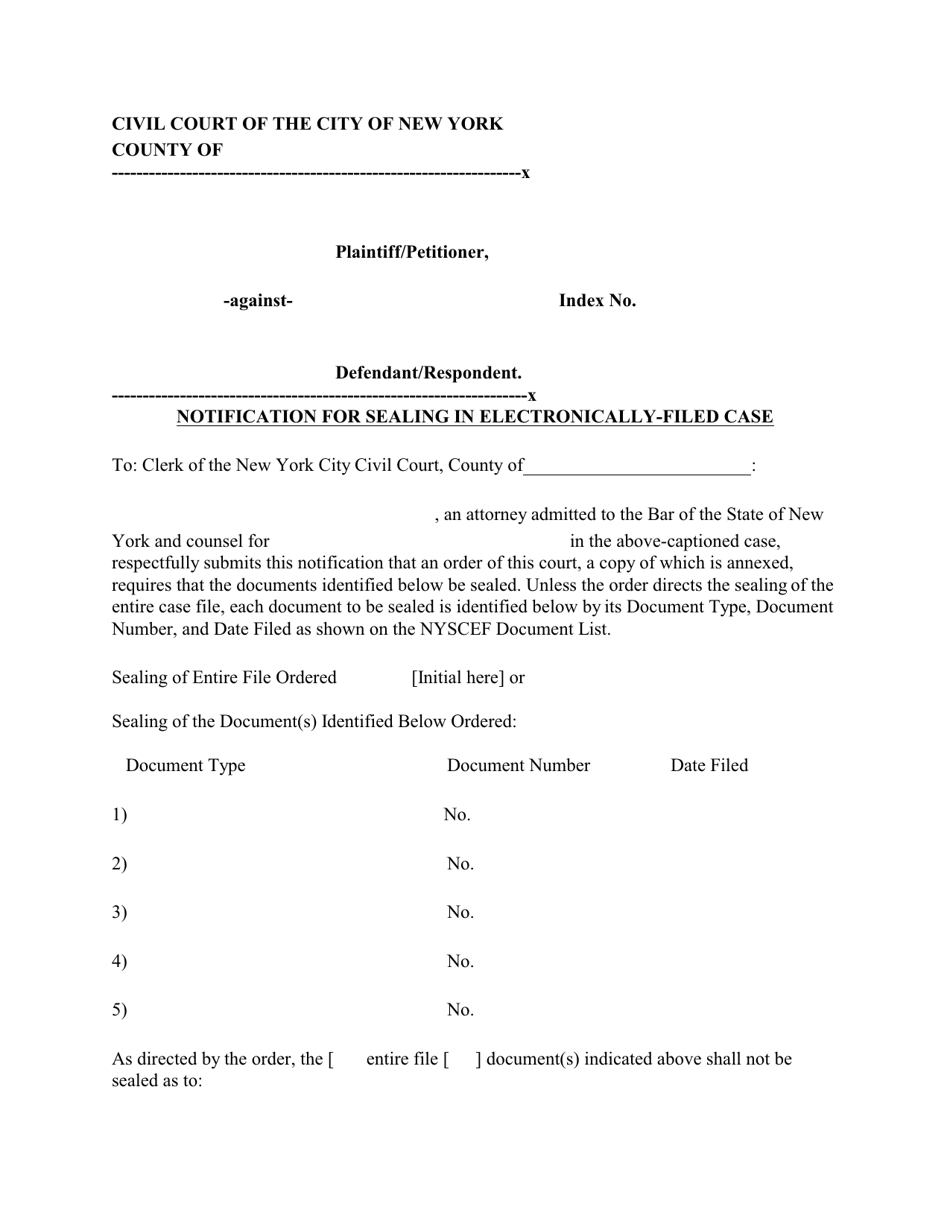 Form EFCIV-7 Notification for Sealing in Electronically-Filed Case - New York City, Page 1