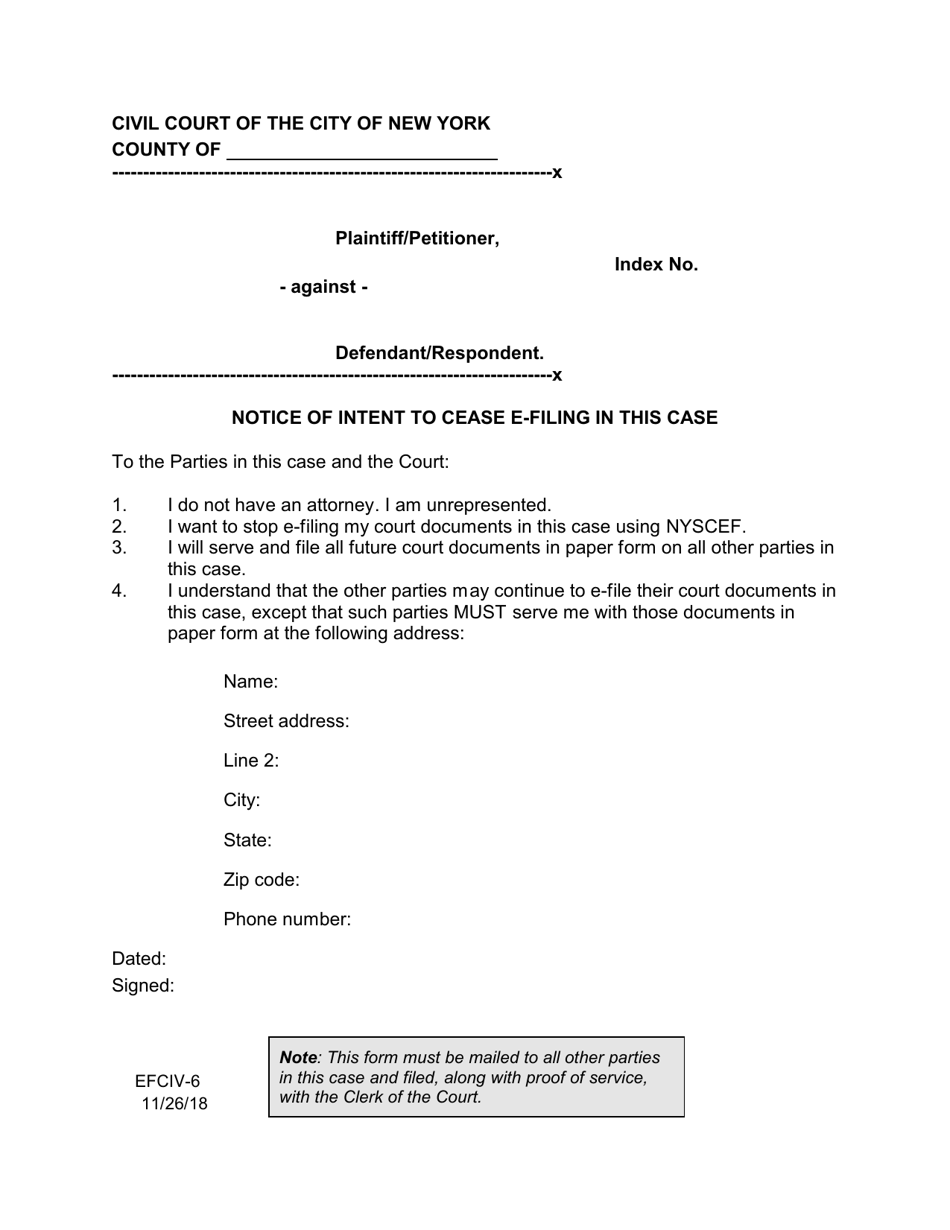 Form EFCIV-6 Notice of Intent to Cease E-Filing in This Case - New York City, Page 1