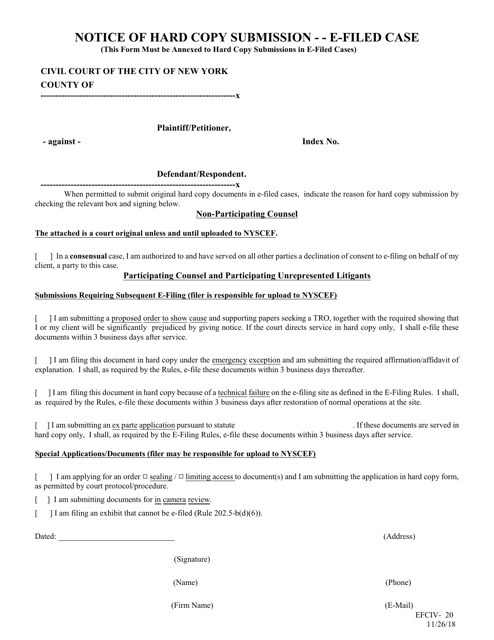 Form EFCIV-20 Notice of Hard Copy Submission - E-Filed Case - New York City