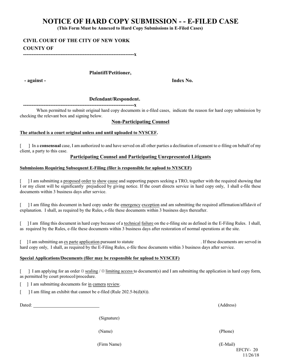 Form EFCIV-20 Notice of Hard Copy Submission - E-Filed Case - New York City, Page 1