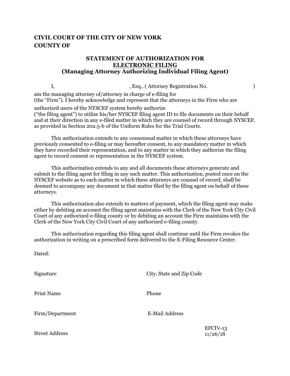 Form EFCIV-13 Statement of Authorization for Electronic Filing (Managing Attorney Authorizing Individual Filing Agent) - New York City, Page 1
