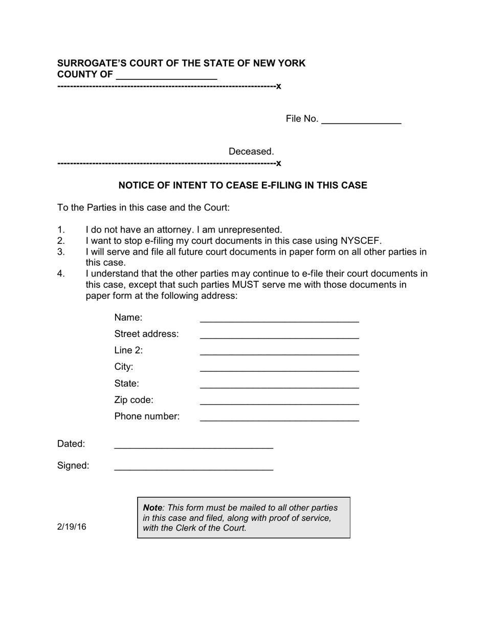 Form SC-3 Notice of Intent to Cease E-Filing in This Case - New York, Page 1