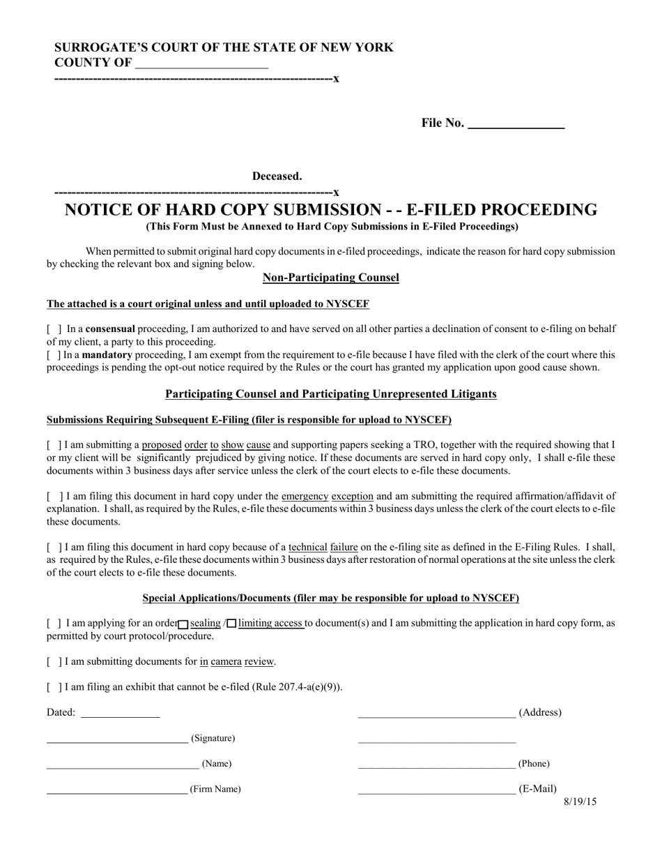 Form SC-11 Notice of Hard Copy Submission - E-Filed Proceeding - New York, Page 1