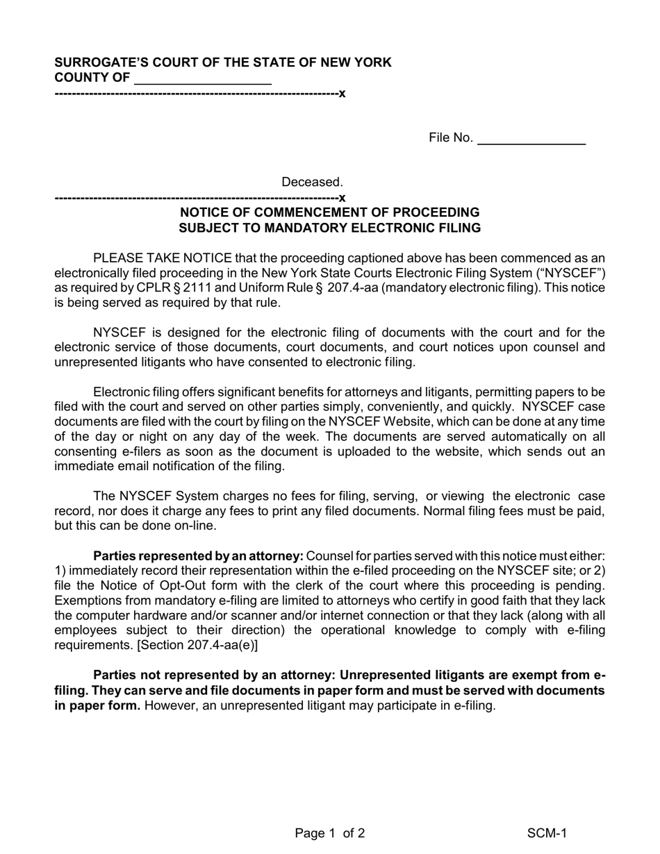 Form SCM-1 Notice of Commencement of Proceeding Subject to Mandatory Electronic Filing - New York, Page 1