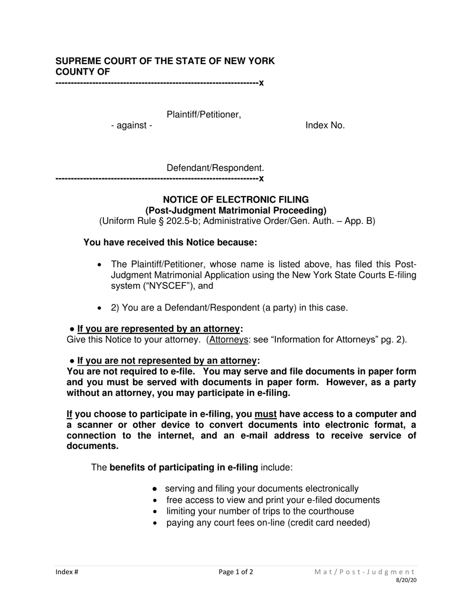 Notice of Electronic Filing (Post-judgment Matrimonial Proceeding) - New York, Page 1