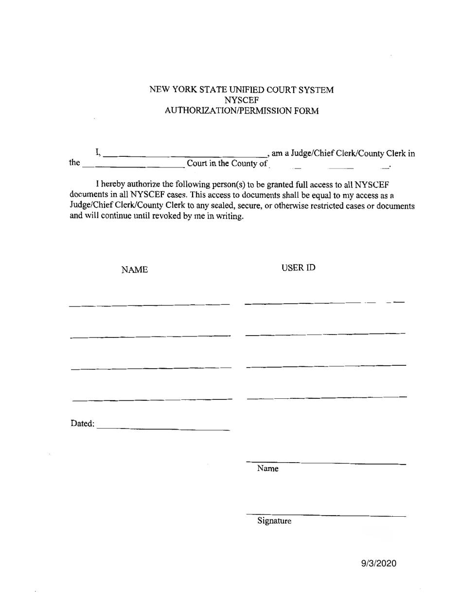 Nyscef Authorization / Permission Form - New York, Page 1