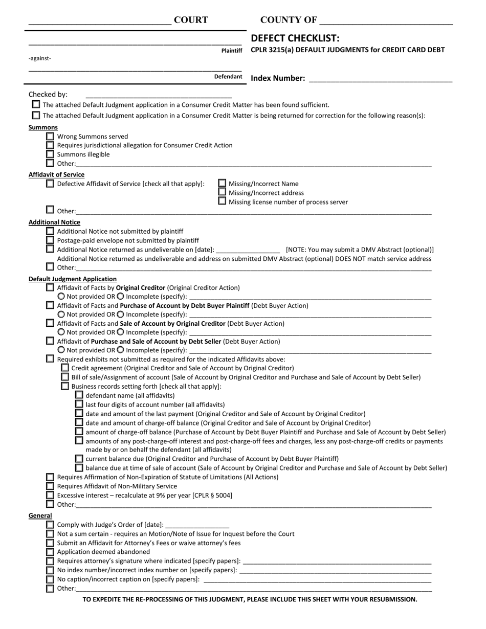 New York Defect Checklist Cplr 3215(A) Default Judgments for Credit Card Debt Fill Out, Sign